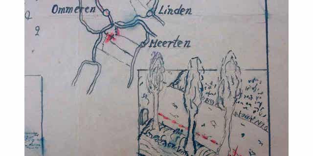 Detail of the map showing where the Nazi loot was reportedly buried in Ommeren, Netherlands, is seen at the National Archive of the Netherlands, in The Hague, on Jan. 23, 2023.