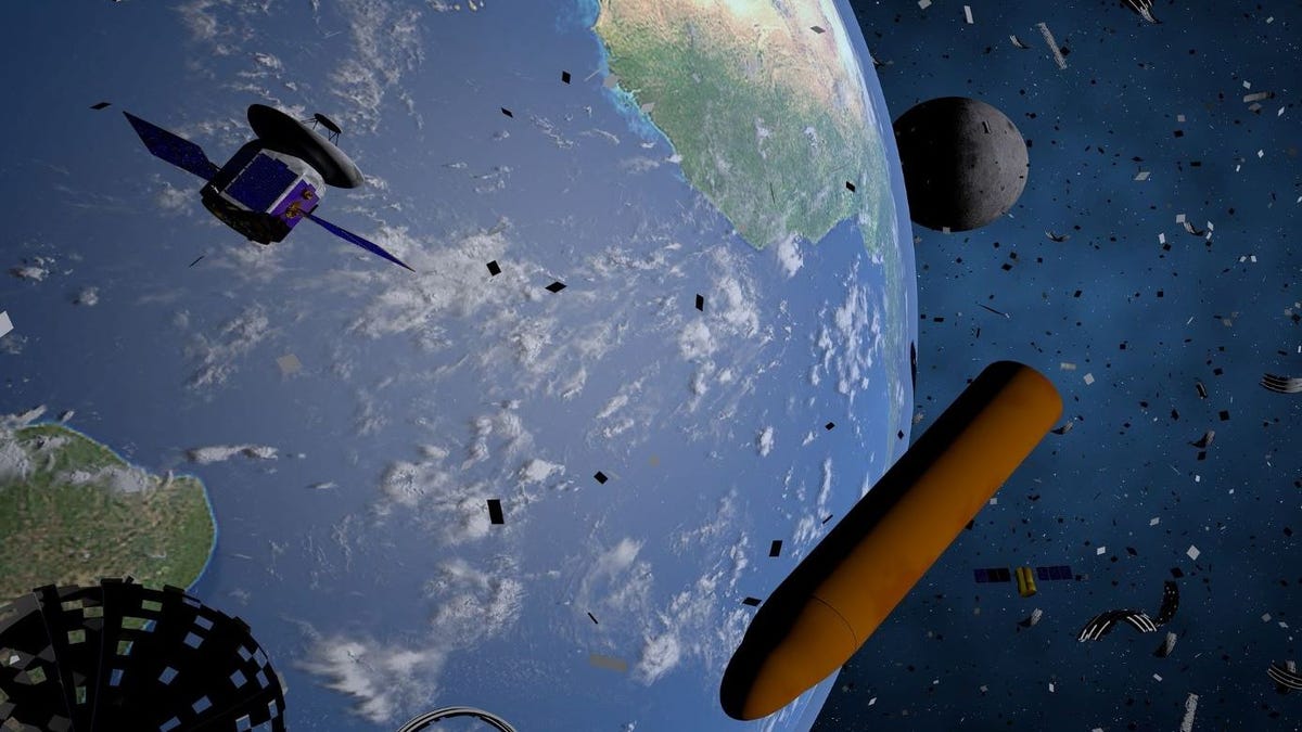 NASA illustration shows partial view of Earth from orbit with oceans and continents below and lots of random space junk, from small pieces to a rocket body and a satellite.