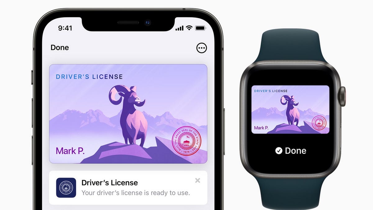 a mockup of a digital drivers license on an iPhone and Apple Watch