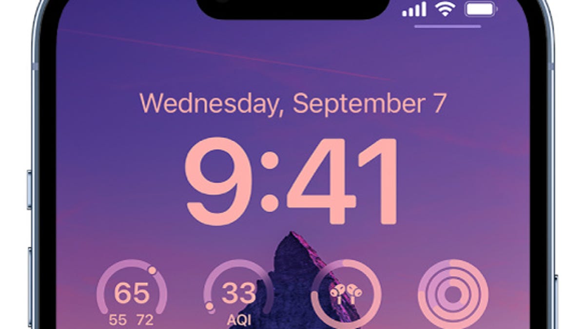 iPhone lock screen with temperature, AQI, Air Pods and Activity rings widgets