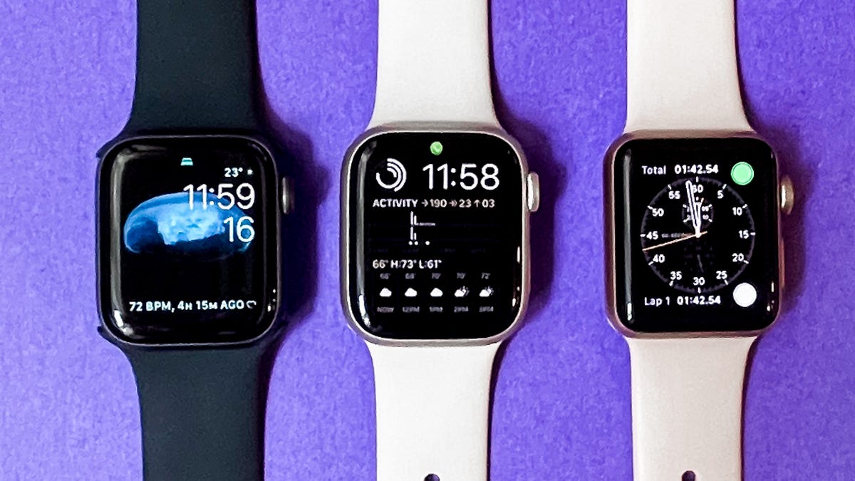 Three Apple Watch models with different bands