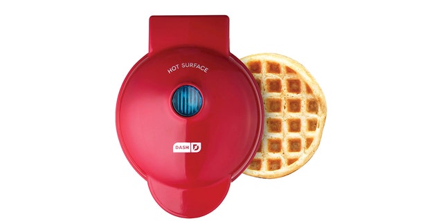 The DASH red mini waffle maker.