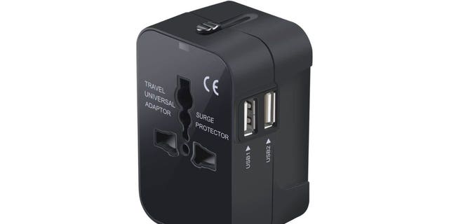 An Amazon travel adapter that can be used in different countries.