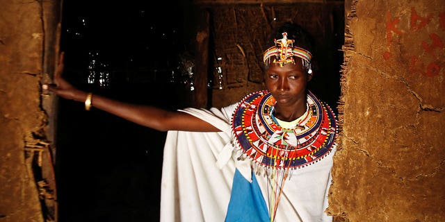 Christine Sitiyan, a woman from the Samburu tribe who escaped from gender-based violence, stands inside the Umoja village where men are restricted on Feb. 7, 2023.