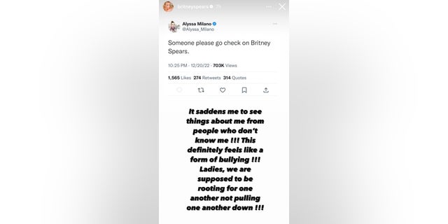 Britney Spears took to her Instagram to condemn Alyssa Milano's previous tweet about her.