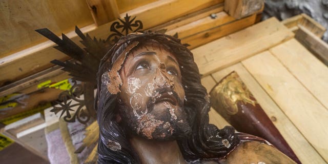 A damaged statue of Jesus in the Church of the Flagellation in Jerusalem's Old City, Thursday, Feb. 2, 2023.