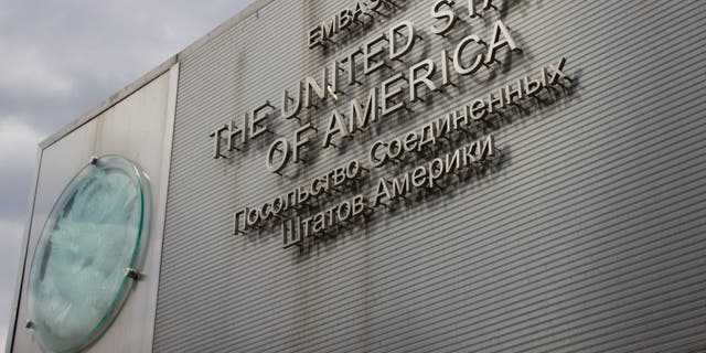 The U.S. seal is seen in front of the U.S. Embassy in Moscow June 1, 2022