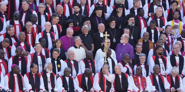 Archbishop of Canterbury Justin Welby, front, fourth from right, with bishops from around the world at University of Kent in Canterbury during the 15th Lambeth Conference on July 29, 2022.