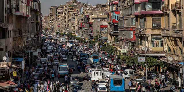 A crowded street in Cairo, Egypt, is pictured on April 14, 2020. Egypt's annual inflation rate reached a new high in January at 26.5%. 