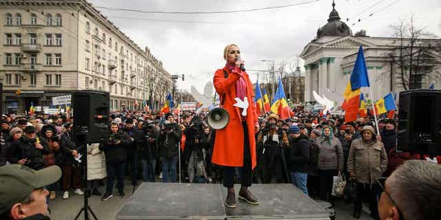 Marina Tauber the vice-president of Moldova's Russia-friendly Shor Party speaks during a protest against the pro-Western government and low living standards, in Chisinau, Moldova, on Feb. 28, 2023. 