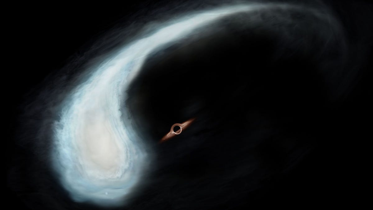 Illustration of a bright whitish-blue cloud of gas stretched into tadpole shape orbiting an image of a black hole against the darkness of space.
