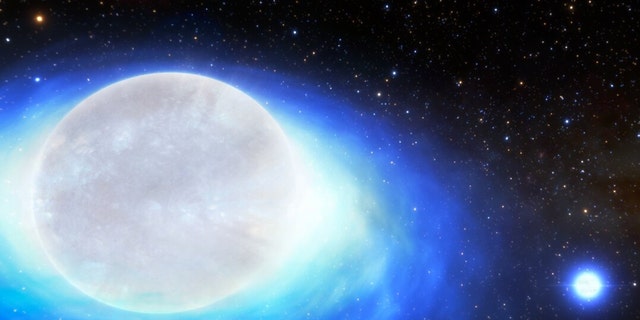 An artist’s impression of the first confirmed detection of a star system that will one day form a kilonova – the ultra-powerful, gold-producing explosion created by merging neutron stars.