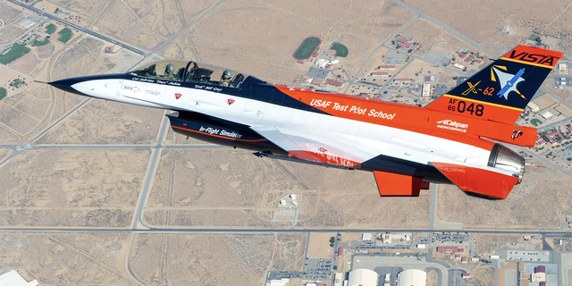 A Variable In-flight Simulation Test Aircraft being controlled by artificial intelligence in a flight over California. 