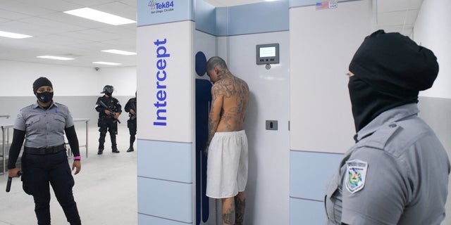 A gang member is processed at his arrival, after 2,000 gang members were transferred to the Terrorism Confinement Center, according to El Salvador's President Nayib Bukele, in Tecoluca, El Salvador, in this handout distributed to Reuters on February 24, 2023.  