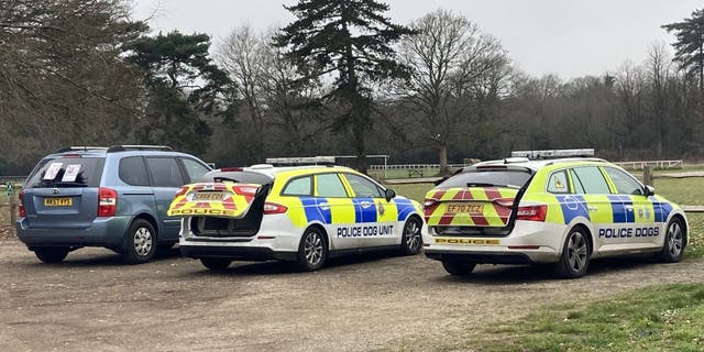 Sussex Police dog unit vehicles at Slindon Cricket Club in Arundel, West Sussex, where Laurel Aldridge, 62, was last seen on February 14.