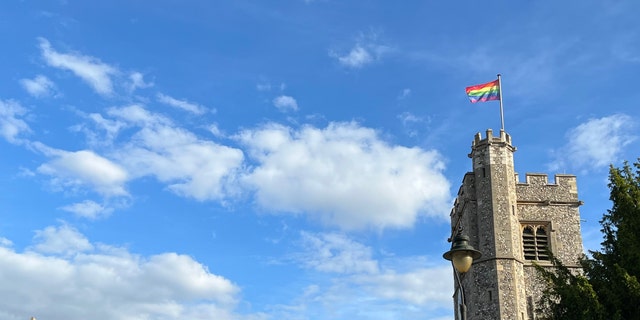 A rainbow flag flies on the Church of St. Peter and St. Paul in Bromley, South London.