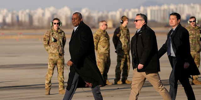 U.S. Secretary of Defense Lloyd Austin arrives at Osan Air Base on January 30, 2023 in Pyeongtaek, South Korea. 