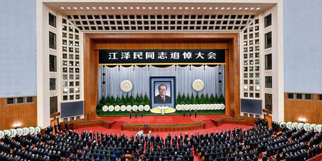 A memorial meeting for Jiang Zemin, a former general secretary of the Chinese Communist Party, is held in the Great Hall of the People in Beijing, China, Dec. 6, 2022.