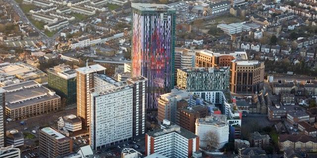 An aerial view of Croydon, a town in South London, U.K.