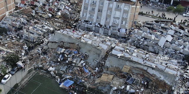 This aerial photo shows the destruction in Hatay city center, southern Turkey, on Tuesday, Feb. 7.