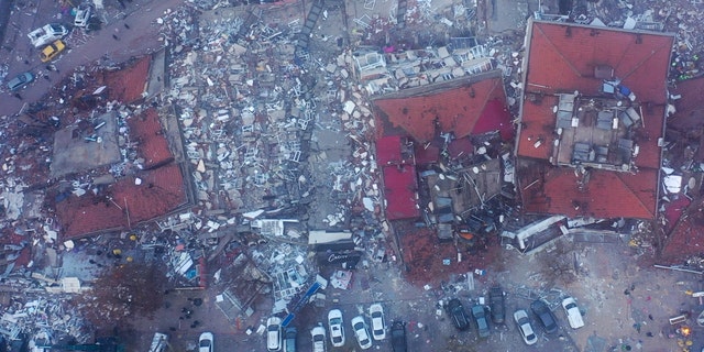An aerial view of collapsed buildings in Kahramanmaras, Turkey, on Feb. 7, 2023. 