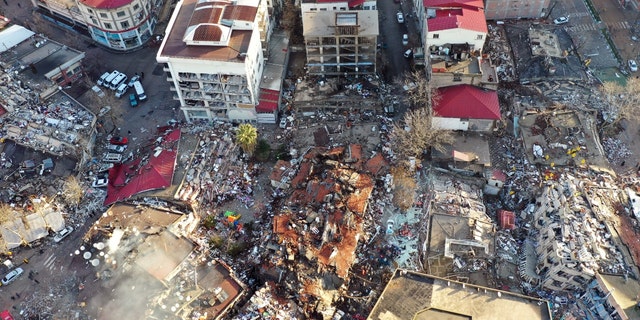 An aerial view of collapsed buildings after earthquakes hit Kahramanmaras, Turkey, on Feb. 7, 2023. 