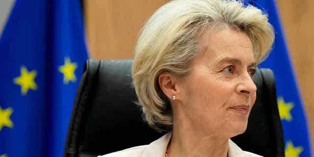 European Commission President Ursula von der Leyen waits for the start of a meeting at EU headquarters in Brussels on Jan. 25, 2023. The EU president led a team of 15 policy commissioners to Ukraine on Thursday.