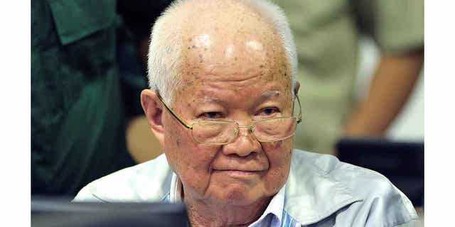 Khieu Samphan, a former leader of Khmer Rouge, sits in a court during a hearing in Phnom Penh, Cambodia, on Nov. 16, 2018. Samphan has been transferred from the tribunal's jail to serve his life sentence at a Cambodian state prison. 