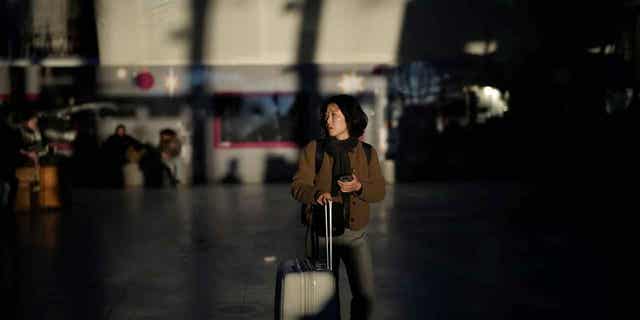 A passenger waits at the Gare de Lyon station in Paris, France, on Feb. 7, 2023. The French parliament has started debating the president's unpopular pension reform proposals, which prompted strikes in recent weeks. 