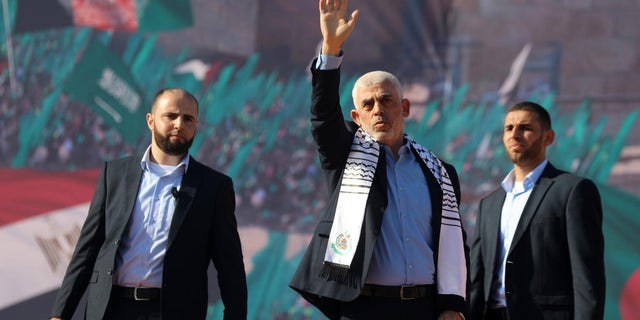 Yahya Sinwar, leader of the Hamas terror group in the Gaza Strip at a celebration of the 35th anniversary of Hamas' founding. Dec 14, 2022.