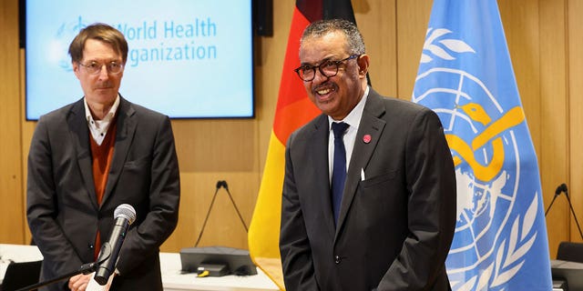 German Health Minister Karl Lauterbach and WHO’s Director-General Dr. Tedros Adhanom Ghebreyesus give a statement in Geneva, Switzerland, on Feb. 2, 2023. 