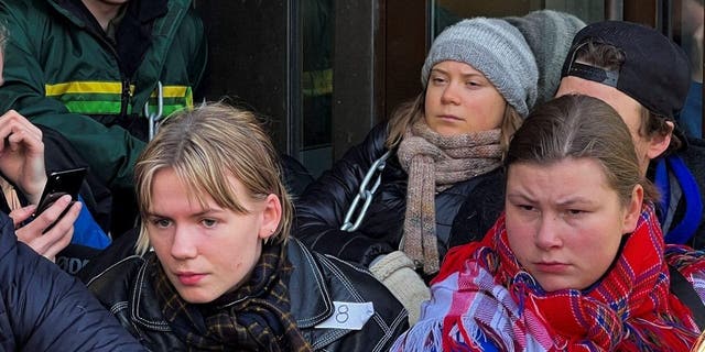 Greta Thunberg attends a demonstration against the Fosen wind turbines not being demolished, which was built on land traditionally used by indigenous Sami reindeer herders, with environmental and Sami rights activists blocking the entrances to the Ministry of Oil and Energy, in Oslo, Norway, Feb. 27, 2023.