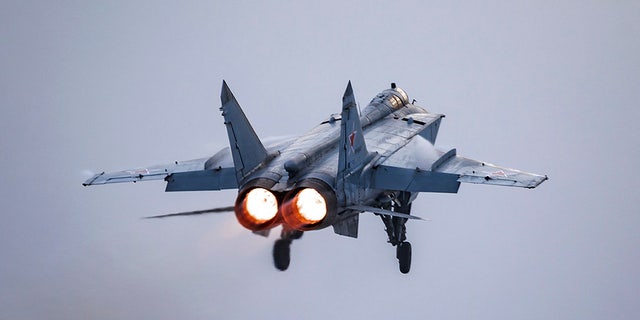 A MiG-31 fighter of the Russian air force takes off at an air base during military drills in Tver region, Russia, Feb. 14, 2022.