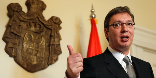 Serbian Prime Minister Aleksander Vucic holds a press conference in Belgrade, Serbia, Jan. 14, 2016.