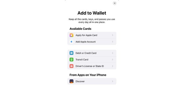 Tap here to add cards, keys and more to your Apple Wallet.