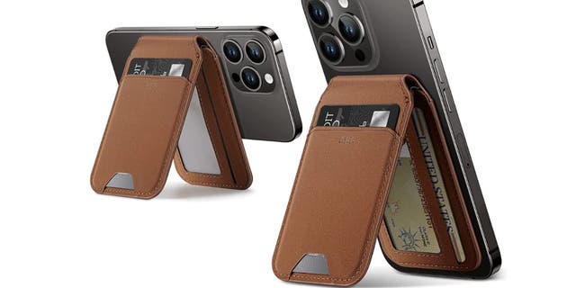 Examples of the leather wallet standing up an iPhone.