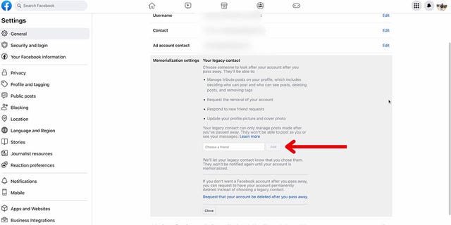 Screenshot of the settings page on Facebook showing how to select legacy contact.