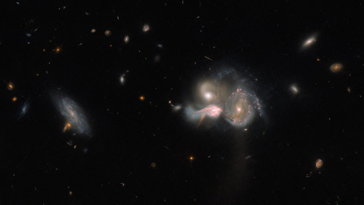 Three galaxies stand together at right, close enough that they appear to be merging into one. Their shapes are distorted, with strands of gas and dust running between them. Each is emitting a lot of light. At left is an unconnected, dimmer spiral galaxy. The background is dark, with a few smaller, dim and faint galaxies and a couple of stars.
