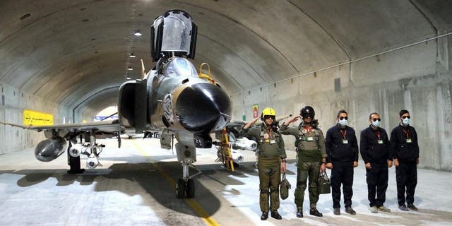 A fighter aircraft is seen at the underground air force base, called "Eagle 44," at an undisclosed location in Iran, on Feb. 7, 2023.