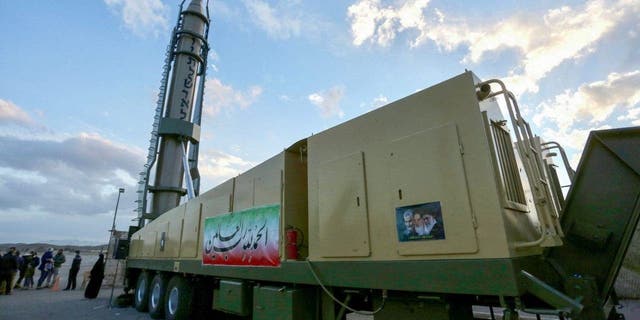 A long-range Ghadr missile is pictured at a defense exhibition in Isfahan, central Iran, on Feb. 8, 2023.