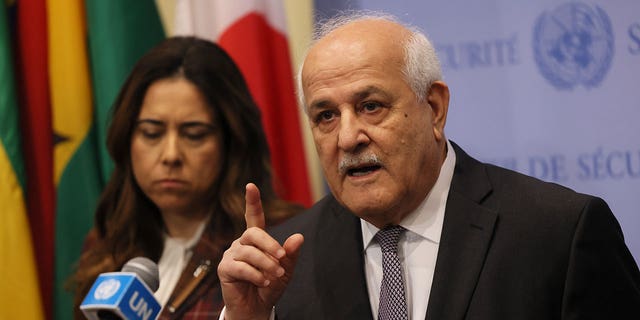 Palestinian Ambassador to the United Nations Riyad H. Mansour speaks during a press conference after a UN Security Council meeting on the Middle East at the United Nations headquarters on February 20, 2023 in New York City. 