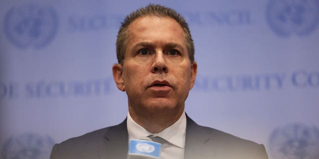 Permanent Representative of Israel to the United Nations Ambassador Gilad Erdan speaks during a press conference after a UN Security Council meeting on the Middle East at the United Nations headquarters on February 20, 2023 in New York City. 