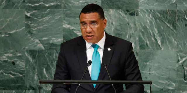 Prime Minister of Jamaica Andrew Holness addresses the 77th session of the United Nations General Assembly on Sept. 22, 2022. Holness said on Jan. 31, 2023, that his government can send soldiers and police officers to Haiti to help with the chaos which has ensued in the country.