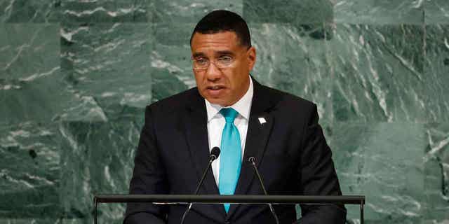 Jamaican Prime Minister Andrew Holness addresses the 77th session of the United Nations General Assembly on Sept. 22, 2022. Holness is being investigated by the country's anti-corruption agency regarding a conflict of interest.