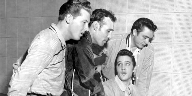 Jerry Lee Lewis, Carl Perkins, Elvis Presley and Johnny Cash as "The Million Dollar Quartet" Dec. 4, 1956, in Memphis, Tennessee. This was a one-night jam session at Sun Studios.