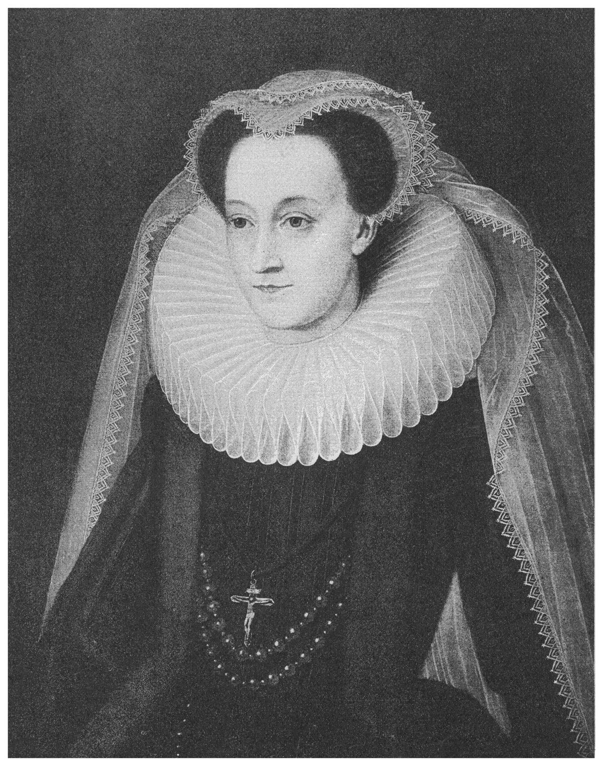 A black and white painting of Mary.