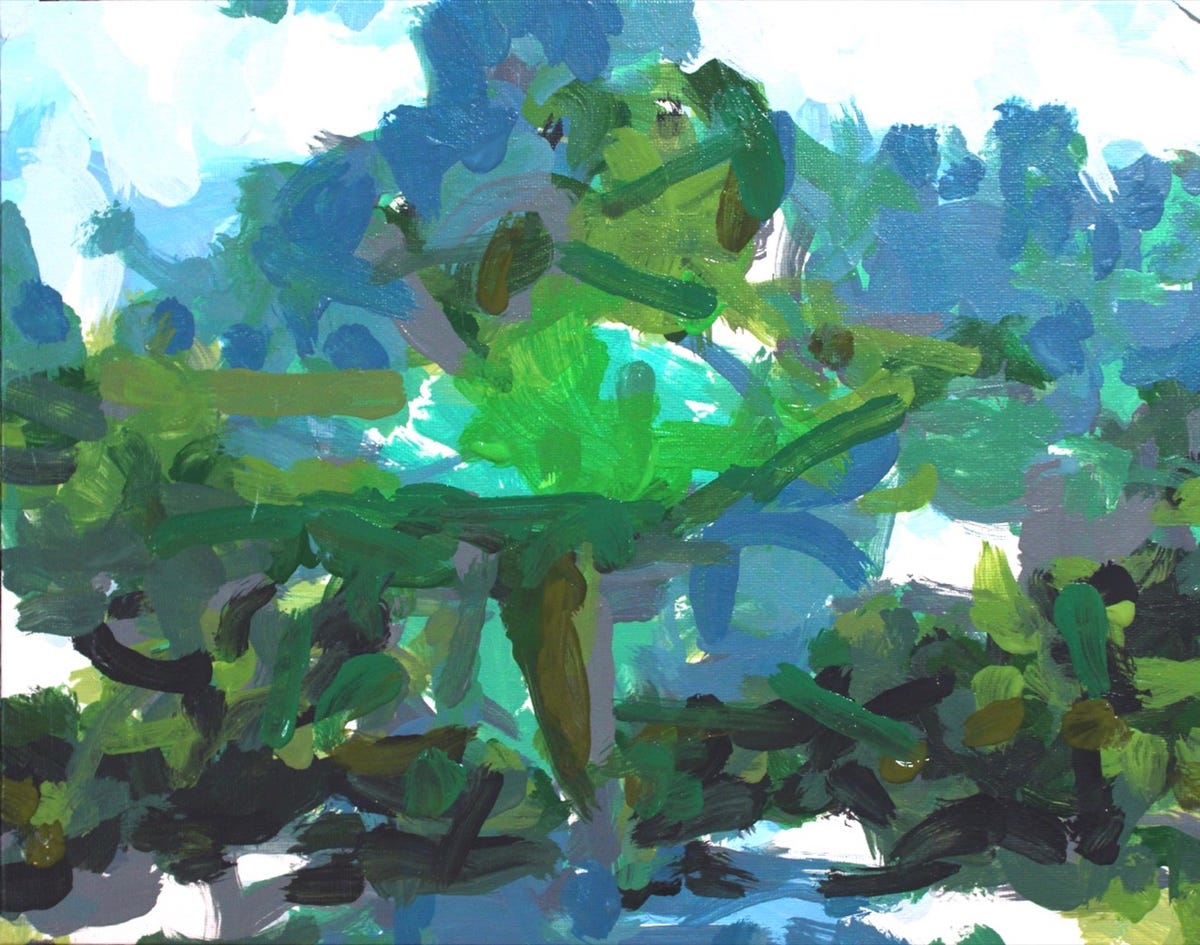 A green frog dances like a ballerina in this whimsical painting by a robot