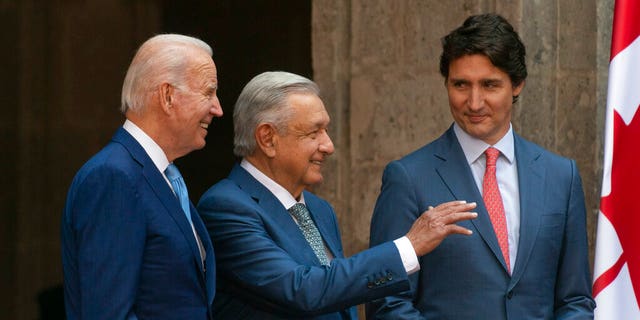 President Joe Biden, Mexican President Andres Manuel Lopez Obrador and Canadian Prime Minister Justin Trudeau meet at the National Palace in Mexico City, Jan. 10, 2023.