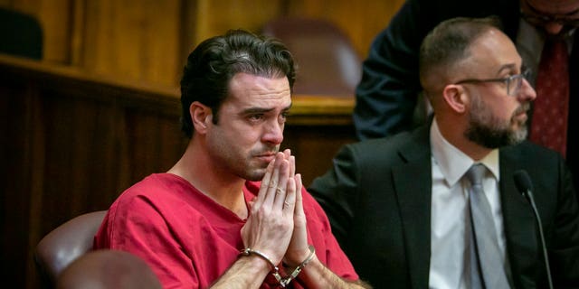 Telenovela star Pablo Lyle tries to regain his composure after reading a statement in court apologizing to the Hernández family during his sentencing in Miami-Dade Criminal Court in Miami on Feb. 3, 2023.
