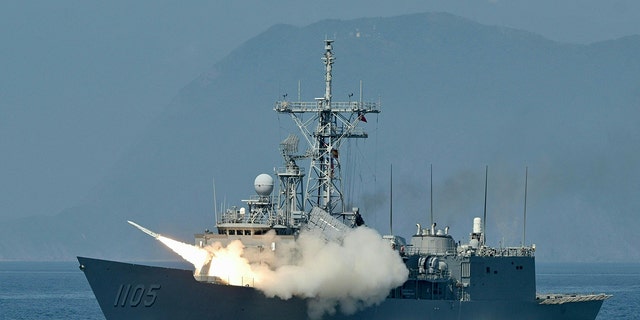The Taiwanese navy launches a U.S.-made standard missile from a frigate during the annual Han Kuang drill on the sea near the Suao navy harbor in Yilan County July 26, 2022. 